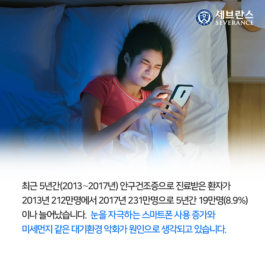 최근 5년간(2013∼2017년) 안구건조증으로 진료받은 환자가 2013년 212만명에서 2017년 231만명으로 5년간 19만명(8.9%)이나 늘어났습니다. 눈을 자극하는 스마트폰 사용 증가와 미세먼지 같은 대기환경 악화가 원인으로 생각되고 있습니다. 